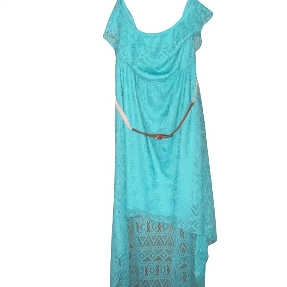 Teal high-low strapless